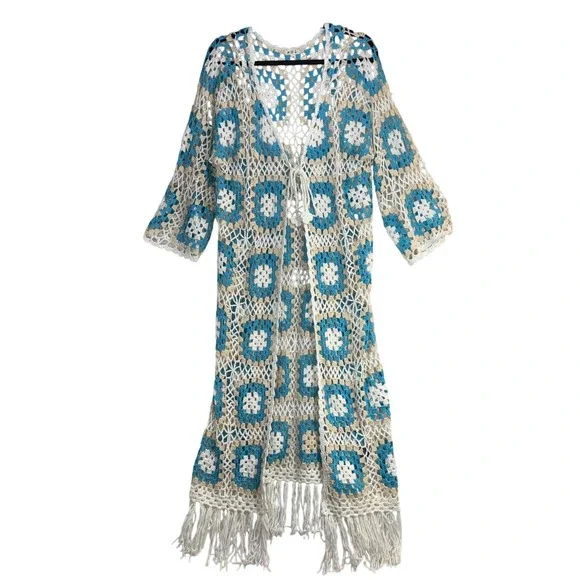 POL OS Crochet Granny Square Duster Cardigan Blue White Fringe Boho Coverup Y2K - Picture 3 of 10